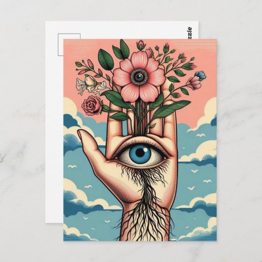 ピンクの花を持つ非現実的な庭師の手 ポストカード (正面/裏面)