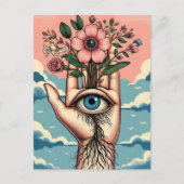 ピンクの花を持つ非現実的な庭師の手 ポストカード (正面)