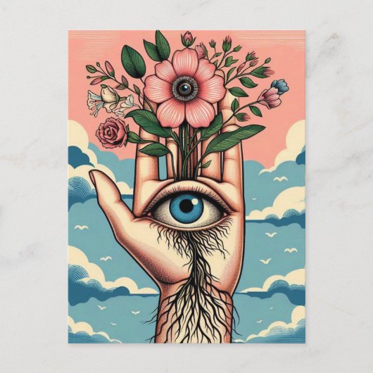 ピンクの花を持つ非現実的な庭師の手 ポストカード (正面)