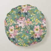ピンクの花を緑のクッションに | 魅力的 ラウンドクッション (裏面)