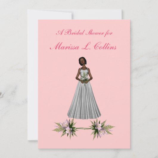 ピンクの花を飾ったアフリカ系アメリカ人の花嫁のブライズシャワー [1] 招待状 (正面)