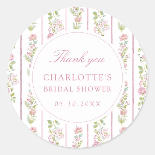 ピンクの花を飾ったグランドミレニアル ブライダルシャワー ラウンドシール (正面)