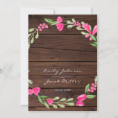 ピンクの花を飾ったダークブラウンのラスティックウッドカントリーウェディング 案内状 (裏面)