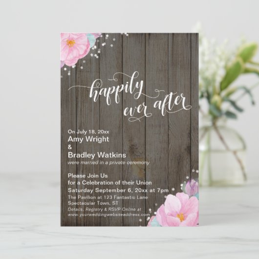 ピンクの花を飾った、田舎風の、幸せな未来が続くような披露宴 招待状 (スタンド正面)