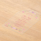 ピンクの花アーチ最初の聖餐式 アクリル招待状 (レイダウン)