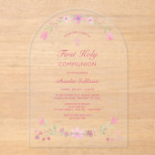 ピンクの花アーチ最初の聖餐式 アクリル招待状 (正面)