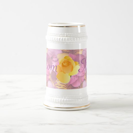 ピンクの花イエローローズママビールスタイン ビールジョッキ (中央)