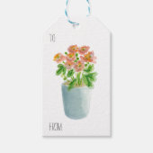 ピンクの花インブルーポットプレゼントラベル ギフトタグ (正面)