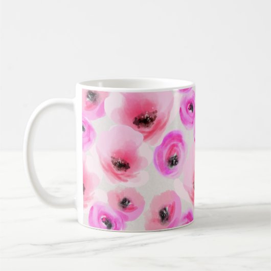 ピンクの花ウォーターカラーデジタルアート コーヒーマグカップ (左)