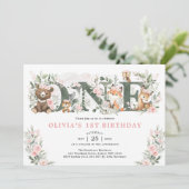 ピンクの花ウッドランド動物1st誕生日ガール 招待状 (スタンド正面)