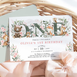ピンクの花ウッドランド動物1st誕生日ガール 招待状