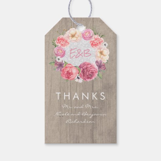 ピンクの花エレガント水彩リース ギフトタグ (正面)