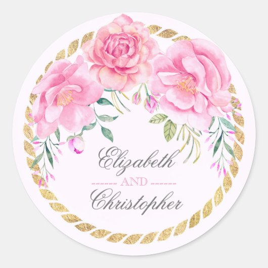 ピンクの花エレガント水彩金ゴールドラップ結婚ズ ラウンドシール (正面)