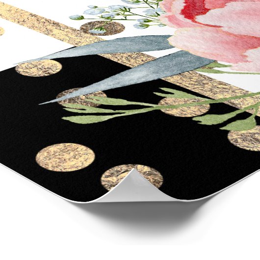 ピンクの花エレガント黒ストライプ色結婚の歓迎 ポスター (角)