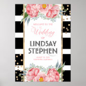 ピンクの花エレガント黒ストライプ色結婚の歓迎 ポスター (正面)