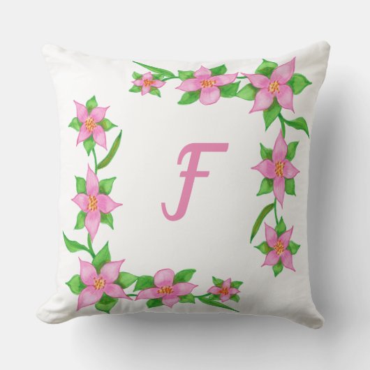 ピンクの花オングリーンつる植物モノグラムピロー クッション (正面)