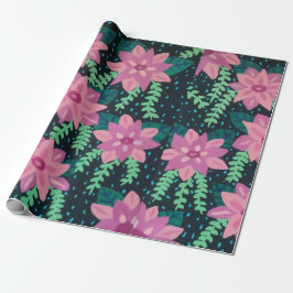 ピンクの花オンブラックプリント ラッピングペーパー