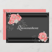 ピンクの花オンブラック，キンセニェラ，15誕生日 招待状 (正面/裏面)