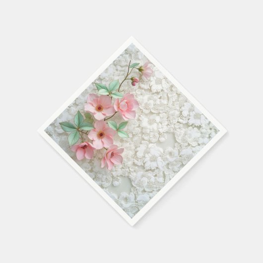 ピンクの花オンホワイトブライダルレース スタンダードカクテルナプキン (角)
