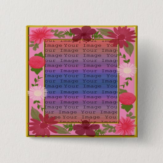 ピンクの花カスタムの四角ボタン 缶バッジ (正面)