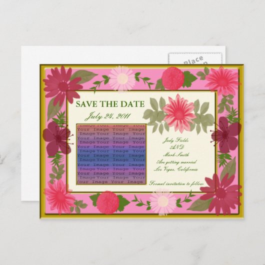 ピンクの花カスタムの日付はがきを保存 案内ポストカード (正面/裏面)