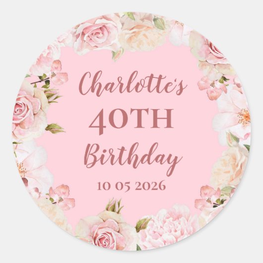ピンクの花カスタム誕生日メッセージカード ラウンドシール (正面)
