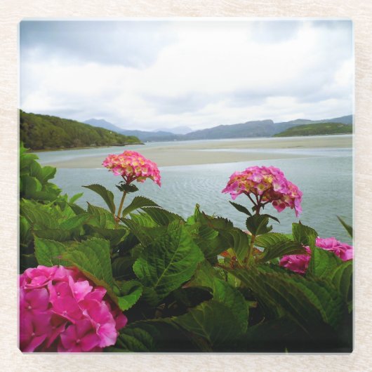 ピンクの花ガラスのコースター ガラスコースター (正面)