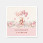 ピンクの花ガールかわいいテディ誕生日パーティー スタンダードカクテルナプキン (正面)