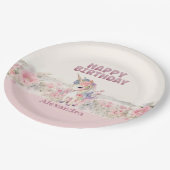 ピンクの花ガールキュートユニコーン誕生日 ペーパープレート (アングル)
