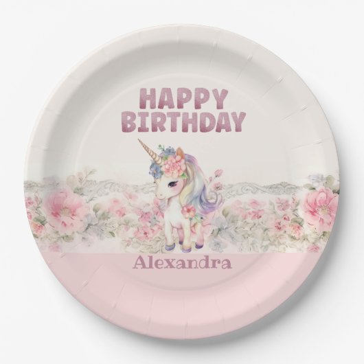 ピンクの花ガールキュートユニコーン誕生日 ペーパープレート (正面)