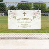 ピンクの花ガールズツインズ1stバースデーウェルカムサイン 横断幕 (インサイチュ)