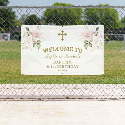 ピンクの花ガールズツインズ1stバースデーウェルカムサイン 横断幕 (インサイチュ)