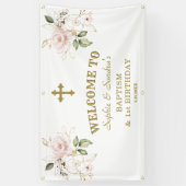 ピンクの花ガールズツインズ1stバースデーウェルカムサイン 横断幕 (縦)