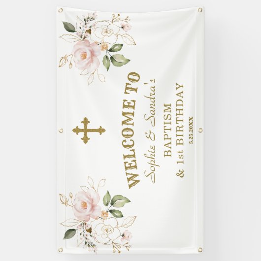 ピンクの花ガールズツインズ1stバースデーウェルカムサイン 横断幕 (縦)