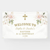 ピンクの花ガールズツインズ1stバースデーウェルカムサイン 横断幕 (横)