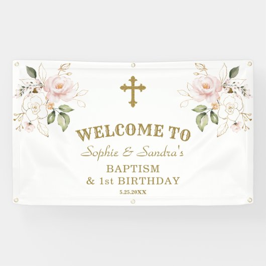 ピンクの花ガールズツインズ1stバースデーウェルカムサイン 横断幕 (横)