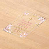 ピンクの花ガールバタフライファースト聖餐式 アクリル招待状 (レイダウン)