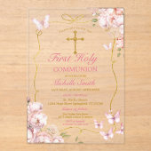 ピンクの花ガールバタフライファースト聖餐式 アクリル招待状 (正面)