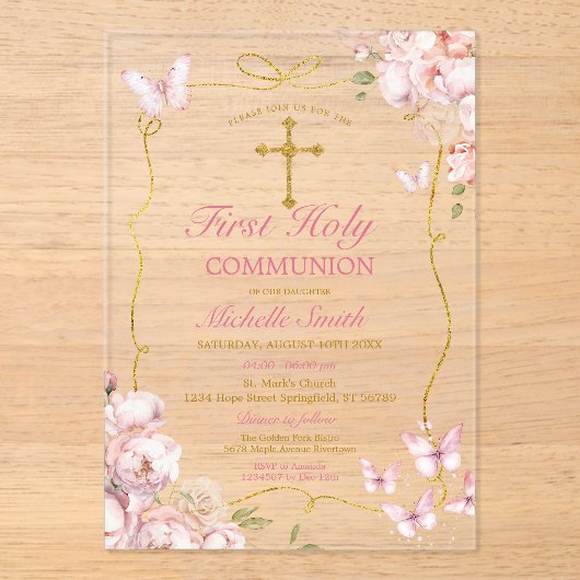 ピンクの花ガールバタフライファースト聖餐式 アクリル招待状 (正面)