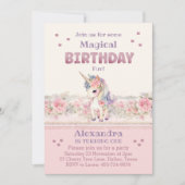 ピンクの花ガールユニコーンの最初の誕生日パーティー 招待状 (正面)