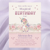ピンクの花ガールユニコーンの最初の誕生日パーティー 招待状