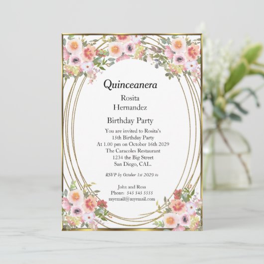 ピンクの花キンセアニェラ誕生日パーティー 招待状 (スタンド正面)