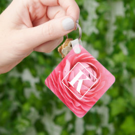 ピンクの花キーチェーンとモノグラム キーホルダー