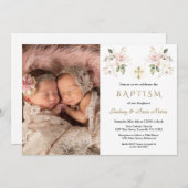 ピンクの花クロスガールズツインズ写真バプテスマ 招待状 (正面/裏面)