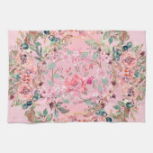 ピンクの花グラフィックアートワーク、ピンクのフローラリース キッチンタオル (横)