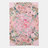 ピンクの花グラフィックアートワーク、ピンクのフローラリース キッチンタオル (縦)