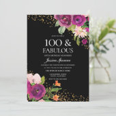 ピンクの花グリッターブラック100th誕生日パーティー 招待状 (スタンド正面)