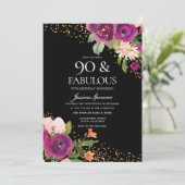 ピンクの花グリッターブラック90th誕生日パーティー 招待状 (スタンド正面)
