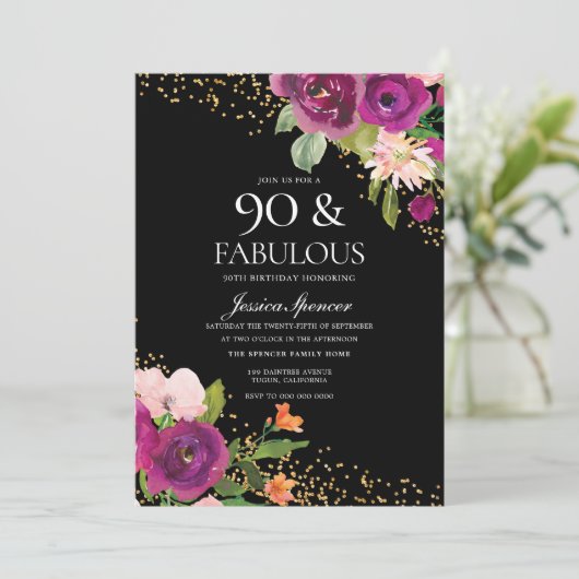 ピンクの花グリッターブラック90th誕生日パーティー 招待状 (スタンド正面)