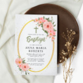 ピンクの花グリーンガールバプテスマ 招待状